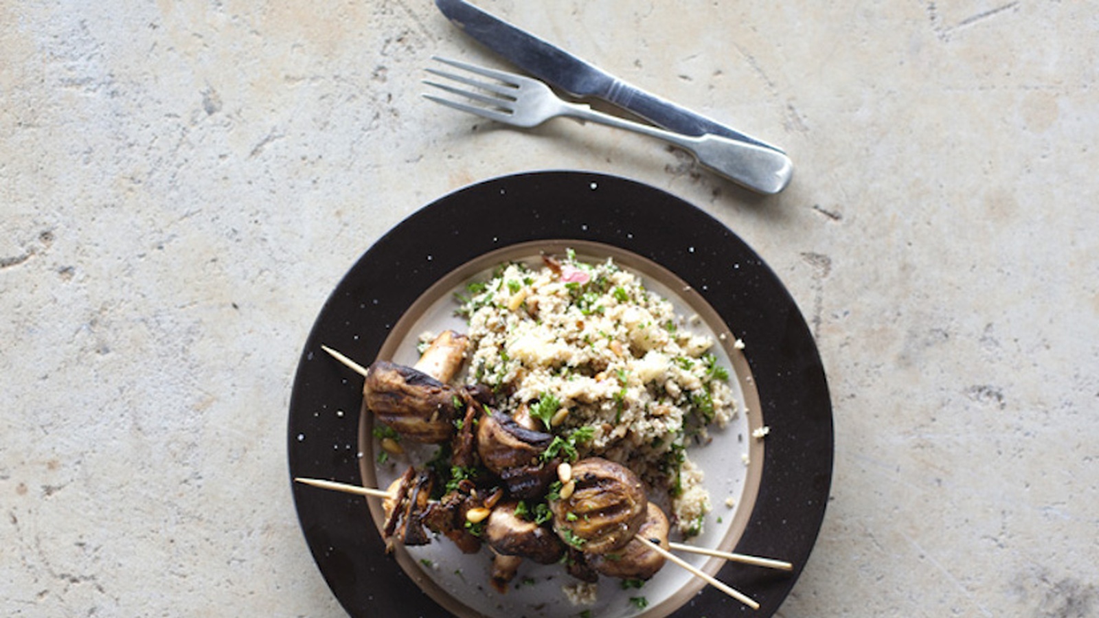 Grilled Mushrooms With Pine Nut & Apple Burghul Salad (Recipe)