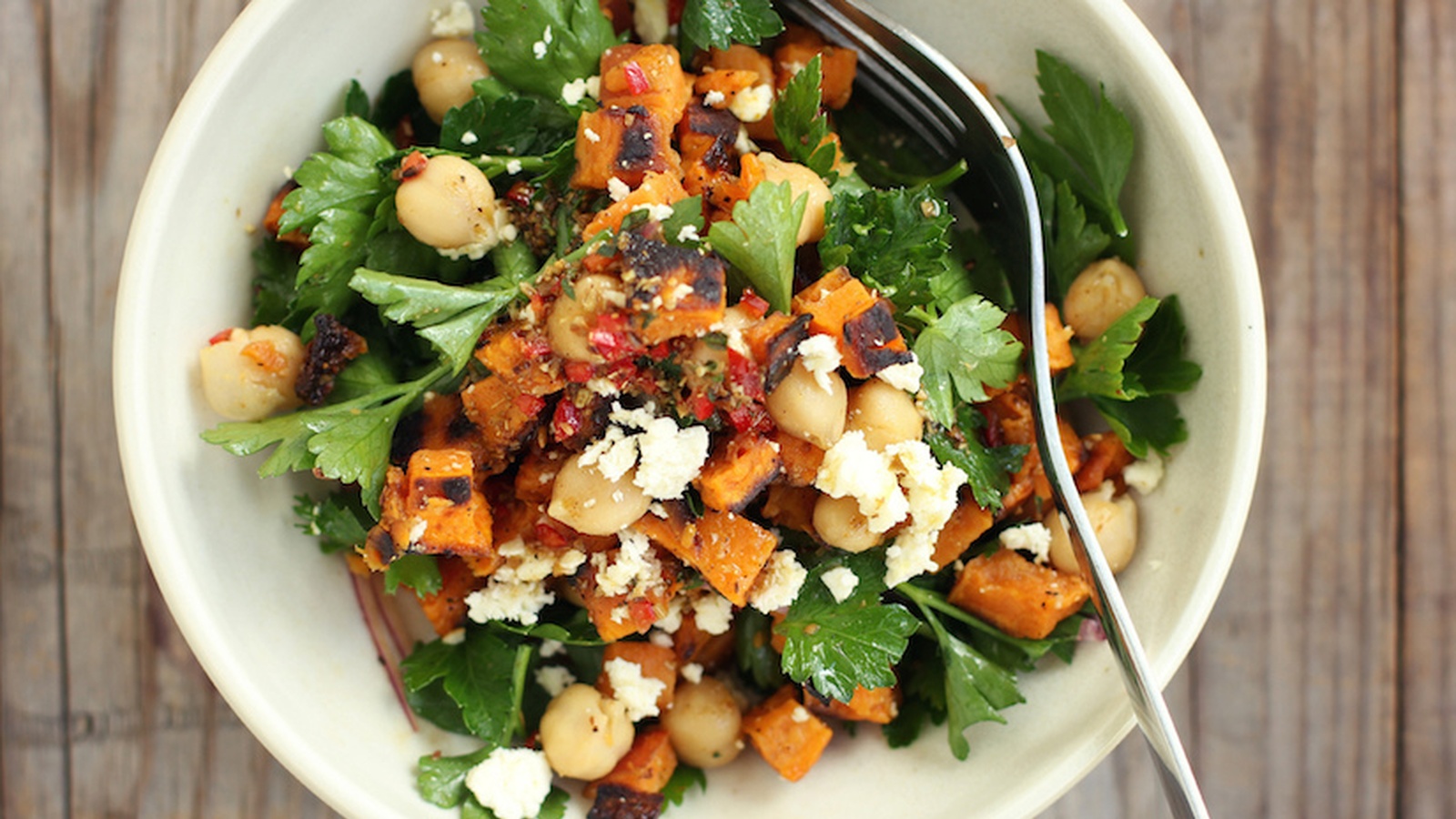 Roast Kumara, Chickpea And Feta Salad With Spiced Lemon Dressing (Recipe)