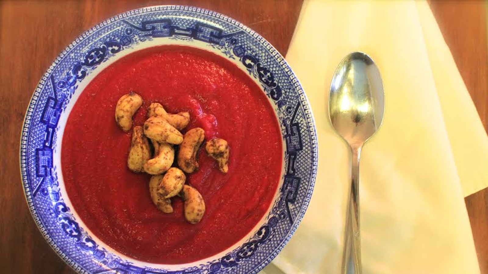 Cauliflower Beet Soup With Curried Cashews