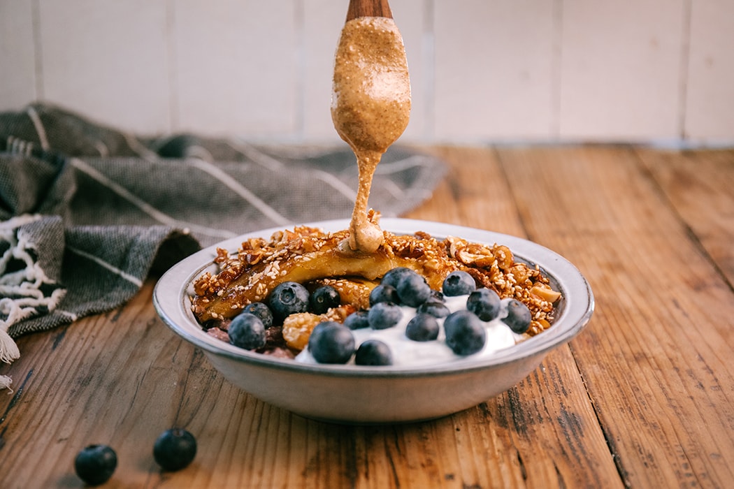 Blueberry Chia with Caramelized Sesame Bananas